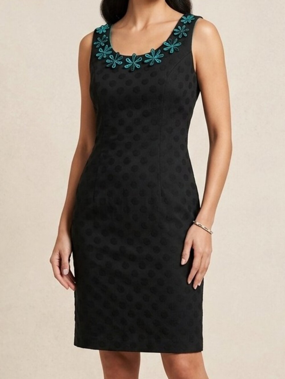 Signature by Sangria Retro Black Mod Shift Dress Teal Applique NWT Cotton Sz 14